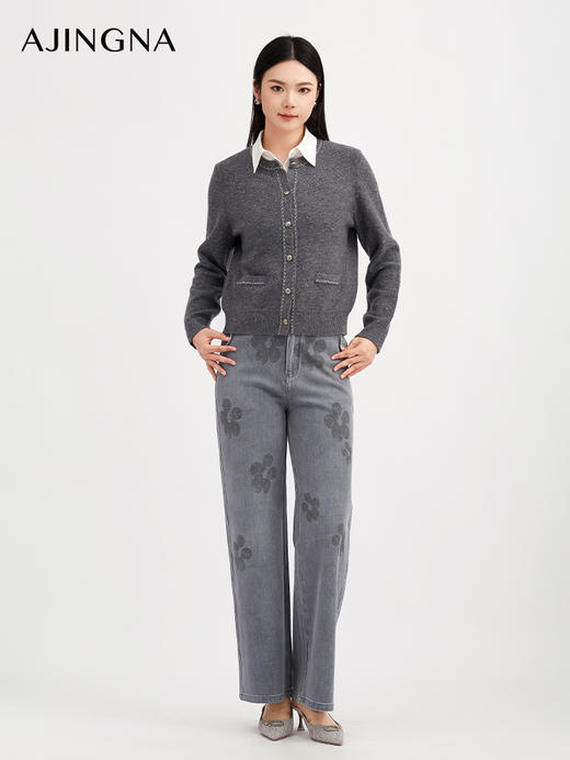 【商场同款】阿菁娜冬季新款6A级羊毛开衫金豆纱线之字提花圆领单排扣通勤日常百搭A30D318012 商品图1