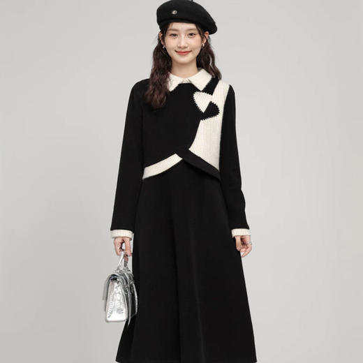 奢姿大码女装2025冬季时尚拼撞色翻领针织套装胖妹妹显瘦两件套9954954042 商品图4