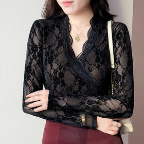 KQL 311H9192花边V领长袖T恤植绒性感小衫纯色上衣