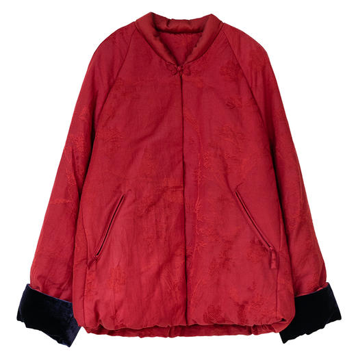 牧衣游原创 真丝混纺提花高蓬松红嘴雁绒羽绒服红色中式 松间照 商品图4