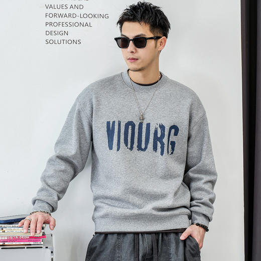 徐太浪【街头风 做旧印花】加绒字母卫衣男秋冬款休闲打底衫上衣 商品图1