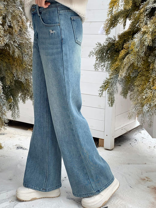 【百图lulu定制】【预售7天发】【马到成功加绒牛仔裤】骏马刺绣 加绒 水洗蓝 直筒 牛仔裤 商品图1