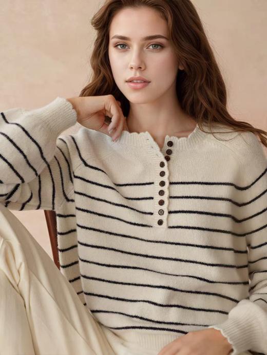 法式高知花边亨利领套头针织衫小灯笼袖羊毛针织毛衣 商品图6