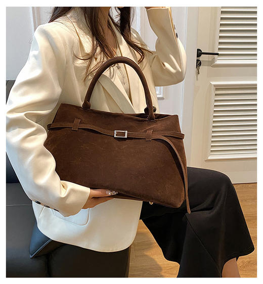 【GZ】无忧购复古绒面手提包棕色磨砂质感经典托特包10161（截单后3-5天发货) 商品图7