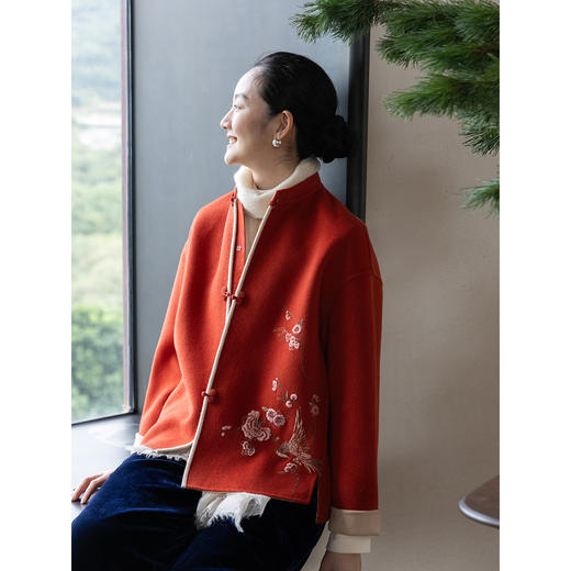 牧衣游原创 手工刺绣进口双面呢外套喜庆红色复古新中式开衫 欢梦 商品图1