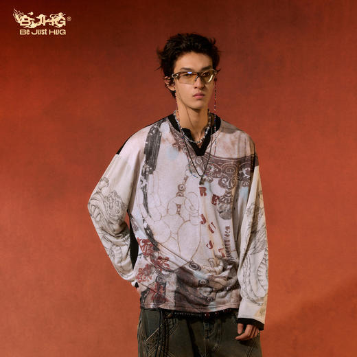 【敦煌联名】BJHG不计后果 朋克长袖男T恤凉感中国风针织打底衫女 商品图2