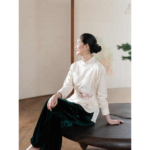 牧衣游原创 真丝混纺提花衬衫新款手工刺绣素雅文艺古朴上衣 月影 商品图1