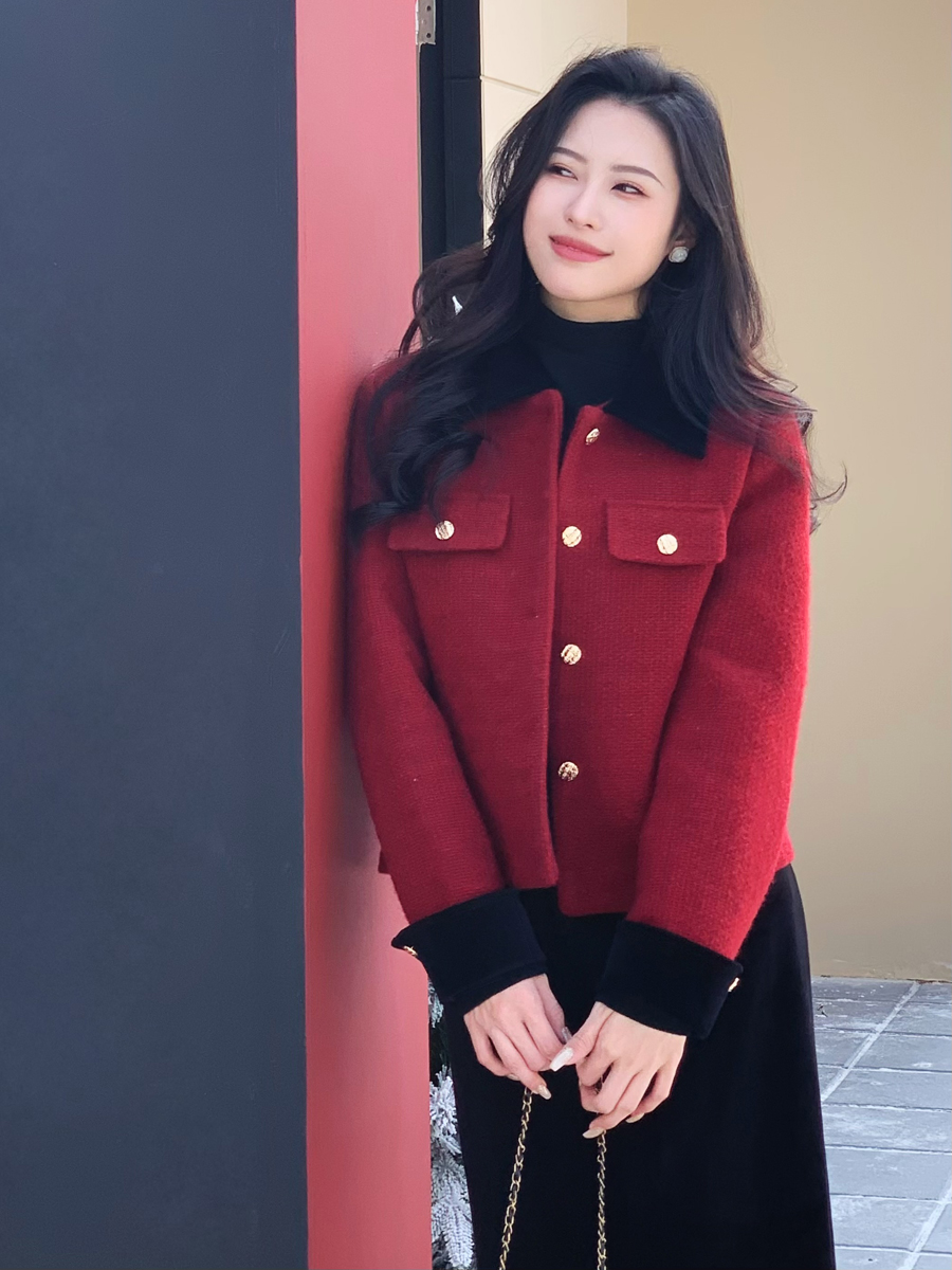 【百图lulu定制】【预售7天发】【璀璨香风外套】香风 纹理 金扣 丝绒拼接 香风外套