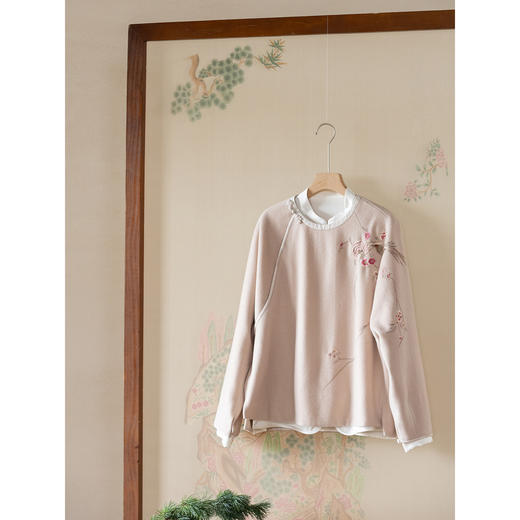 牧衣游原创 手工刺绣纯羊毛毛呢套头衫保暖文艺圆领百搭上衣 晴桐 商品图1