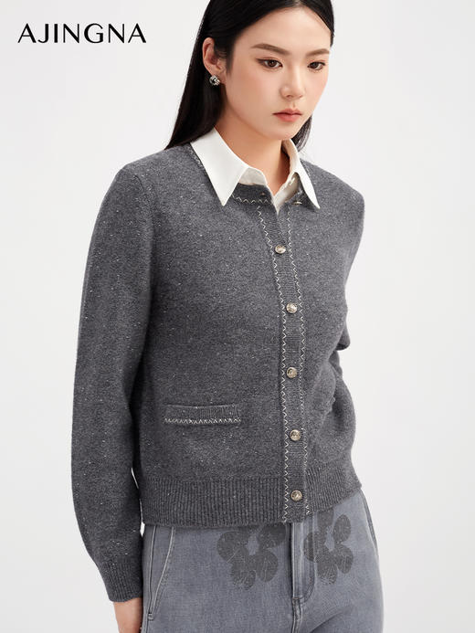 【商场同款】阿菁娜冬季新款6A级羊毛开衫金豆纱线之字提花圆领单排扣通勤日常百搭A30D318012 商品图3