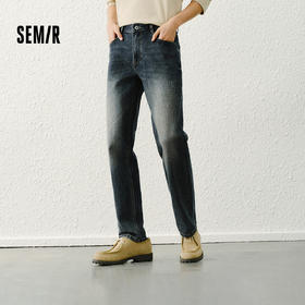 森马牛仔裤男士春装竹节肌理合体直筒裤子轻复古打磨做旧水洗长裤