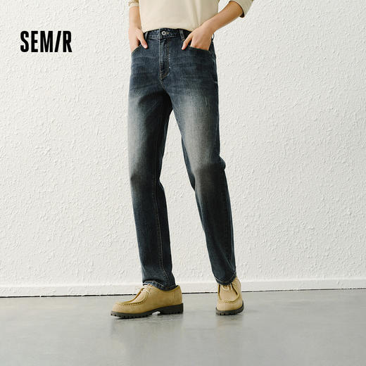 森马牛仔裤男士春装竹节肌理合体直筒裤子轻复古打磨做旧水洗长裤 商品图0
