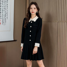 奢姿大码女装2025冬季撞色翻领袖口花边设计感气质连衣裙百褶裙9954870510