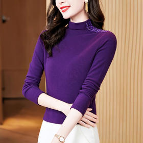 KQL E37M2750半高领加绒加厚T恤洋气钉珠一体绒保暖上衣