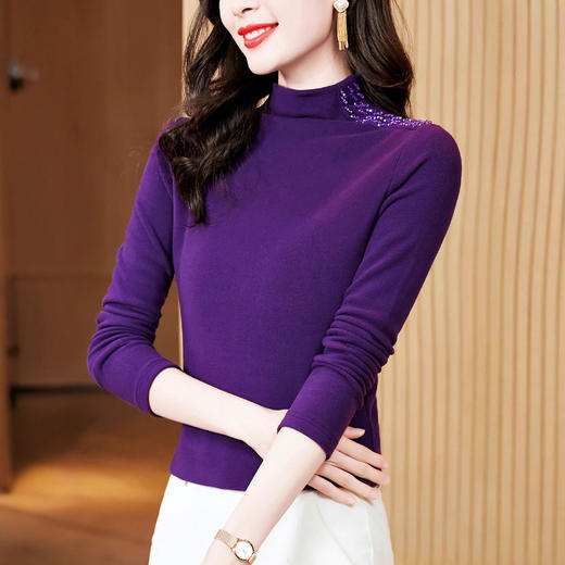 KQL E37M2750半高领加绒加厚T恤洋气钉珠一体绒保暖上衣 商品图0