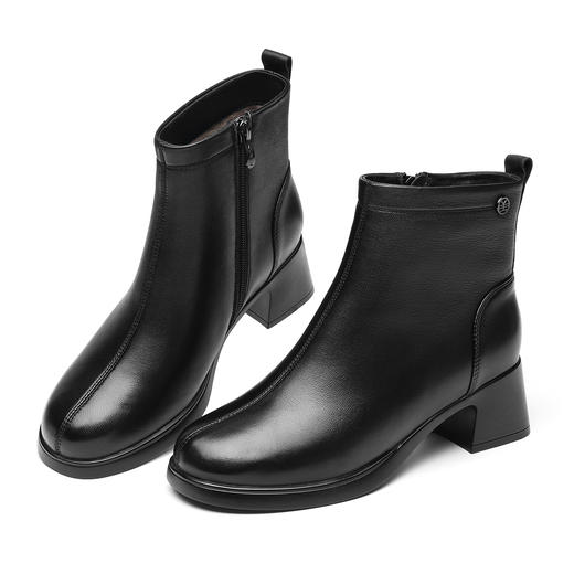 真皮粗跟短靴女黑色侧拉链软底时装靴2025新款X5M032-221 商品图3