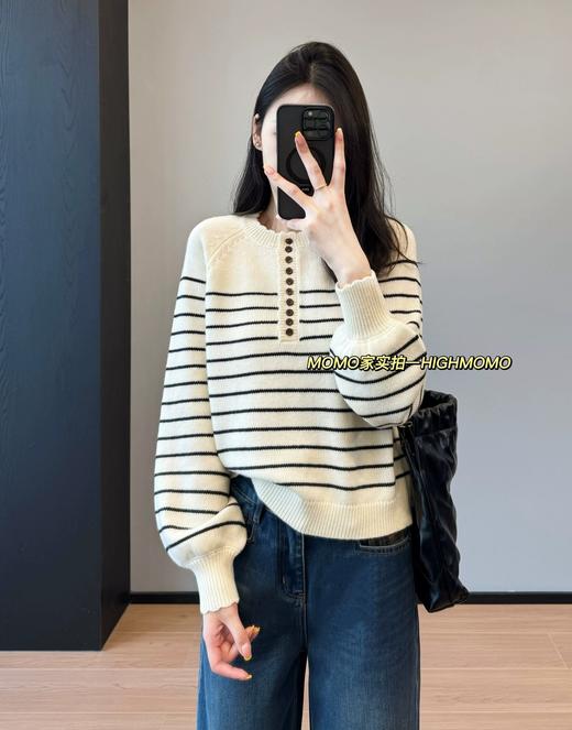 法式高知花边亨利领套头针织衫小灯笼袖羊毛针织毛衣 商品图1