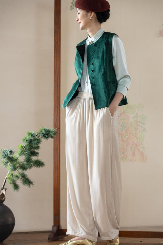 牧衣游原创 丝绒净色裤子女垂感显瘦禅意简约宽松百搭休闲裤 砚池 商品图5