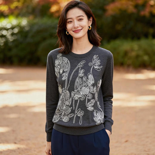 「高货rp」全新升级【铂金会员266/天猫359/差价93】(94833)洛诗琳复古线条花卉羊毛衫2025秋冬圆领慵懒风针织上衣女 商品图1