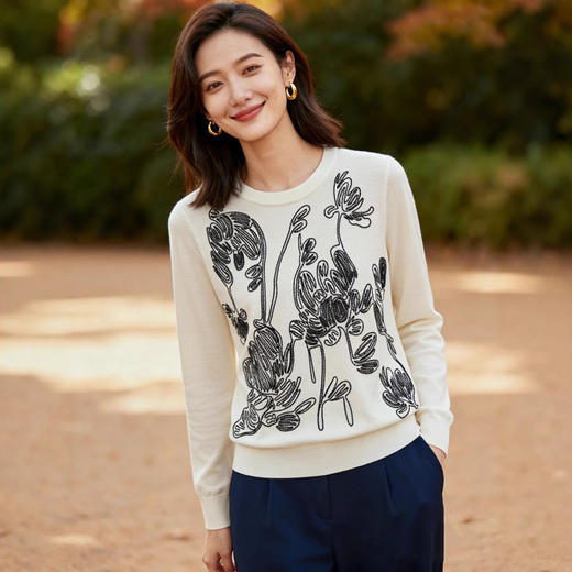 「高货rp」全新升级【铂金会员266/天猫359/差价93】(94833)洛诗琳复古线条花卉羊毛衫2025秋冬圆领慵懒风针织上衣女 商品图0