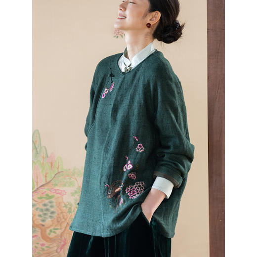 牧衣游原创 柞蚕丝混亚麻手工刺绣短外套绿色文艺复古禅意 离毓 商品图1