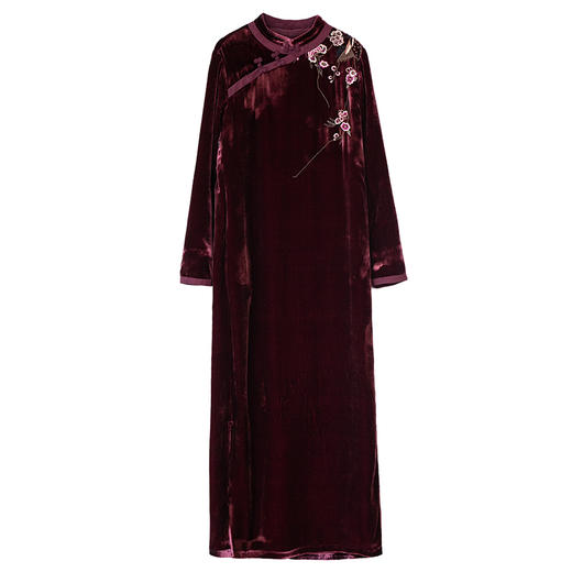 牧衣游原创 丝绒手工刺绣连衣裙新款复古东方气质中式长裙 月挽山 商品图4