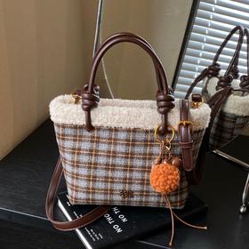 【YW】无忧购复古毛呢格子包包女时尚韩版毛绒包百搭斜挎水桶包YY2059（截单后3-5天发货)