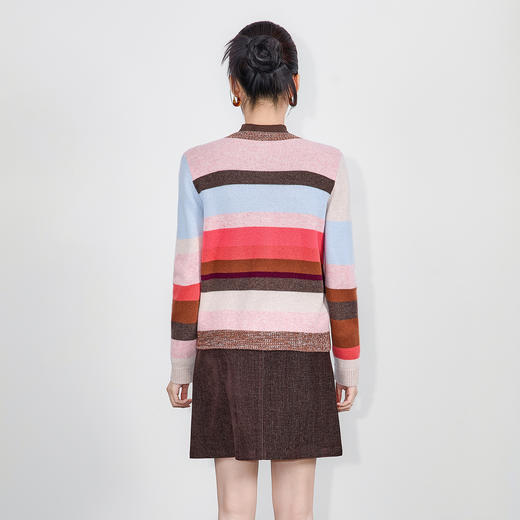 「高货wl」全新升级【铂金会员321/天猫429/差价108】(03101)洛诗琳圆领彩虹条针织开衫2025秋冬气质撞色羊毛外套女 商品图1