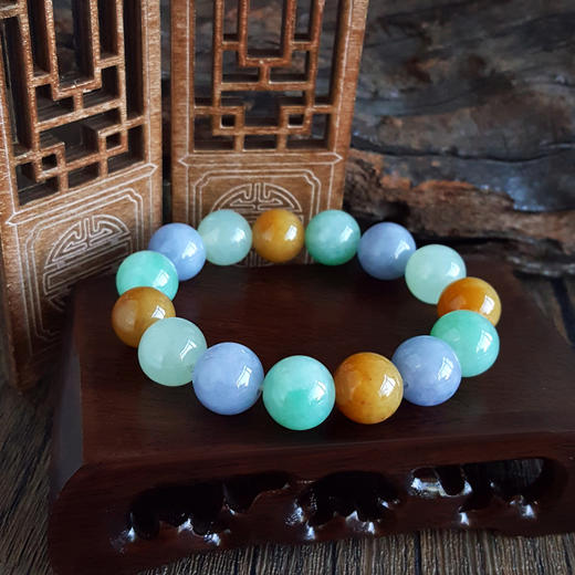 【天然正品】A货翡翠天然约13.3MM精品细腻糯种浓郁多彩翡翠圆珠手串17CM（弹力绳）中性 021225NJM13 商品图5