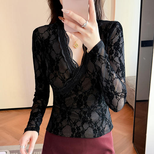 KQL 311H9192花边V领长袖T恤植绒性感小衫纯色上衣 商品图2
