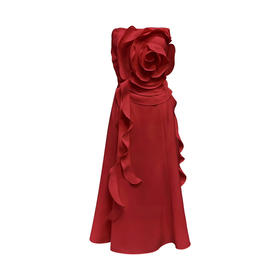 红色不规则荷叶边立体花朵收腰抹胸连衣裙