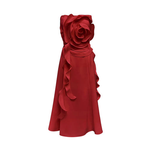 红色不规则荷叶边立体花朵收腰抹胸连衣裙 商品图0