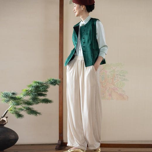 牧衣游原创 丝绒净色裤子女垂感显瘦禅意简约宽松百搭休闲裤 砚池 商品图0