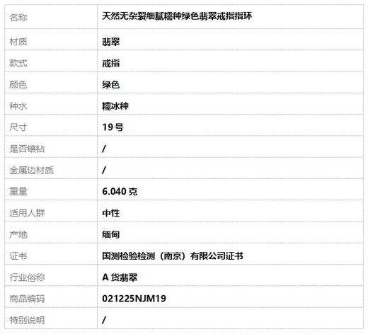 【天然正品】A货翡翠天然无杂裂细腻糯种绿色翡翠戒指指环19号中性 021225NJM19 商品图6