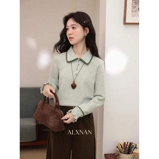 鹿向南「青芜绿岸」长袖绿色针织衫女秋冬新款法式高级感洋气上衣 商品图4