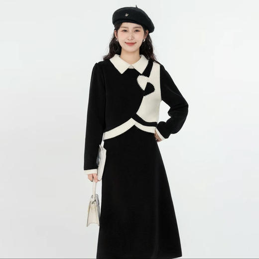 奢姿大码女装2025冬季时尚拼撞色翻领针织套装胖妹妹显瘦两件套9954954042 商品图1