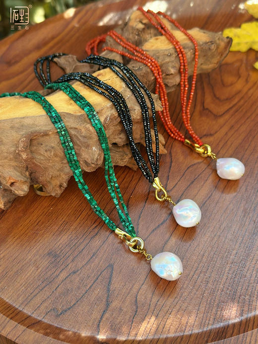 天然巴洛克珍珠 彩宝多用设计项链(南红/孔雀石/黑尖晶) 商品图1