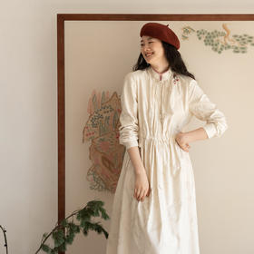 牧衣游原创 29姆米重磅真丝混纺提花手工刺绣连衣裙宽松古朴 述光