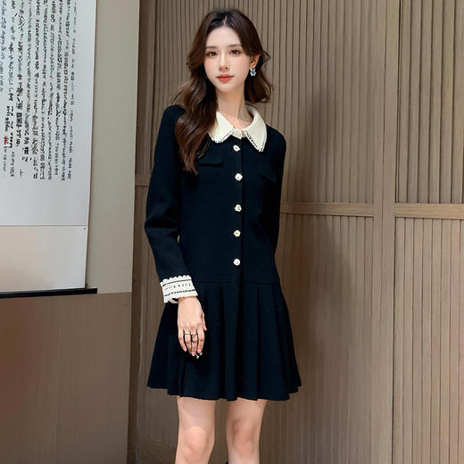 奢姿大码女装2025冬季撞色翻领袖口花边设计感气质连衣裙百褶裙9954870510 商品图2