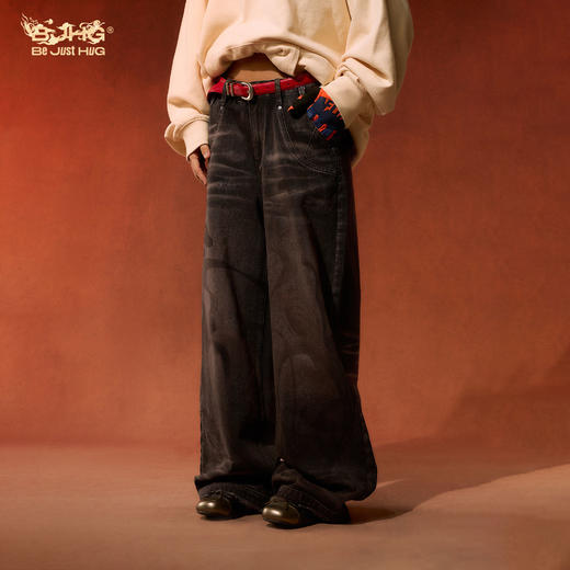敦煌联名BJHG不计后果美式牛仔裤男款春重磅水洗阔腿裤宽松裤子女 商品图1