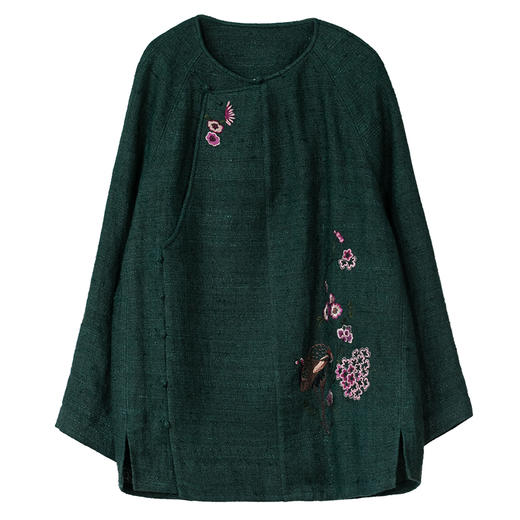 牧衣游原创 柞蚕丝混亚麻手工刺绣短外套绿色文艺复古禅意 离毓 商品图4
