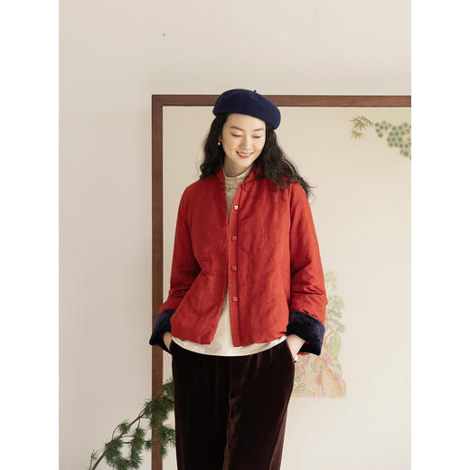 牧衣游原创 真丝混纺提花高蓬松红嘴雁绒羽绒服红色中式 松间照 商品图1