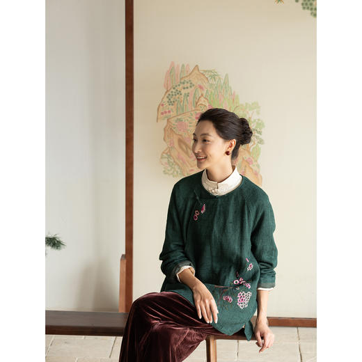 牧衣游原创 柞蚕丝混亚麻手工刺绣短外套绿色文艺复古禅意 离毓 商品图2