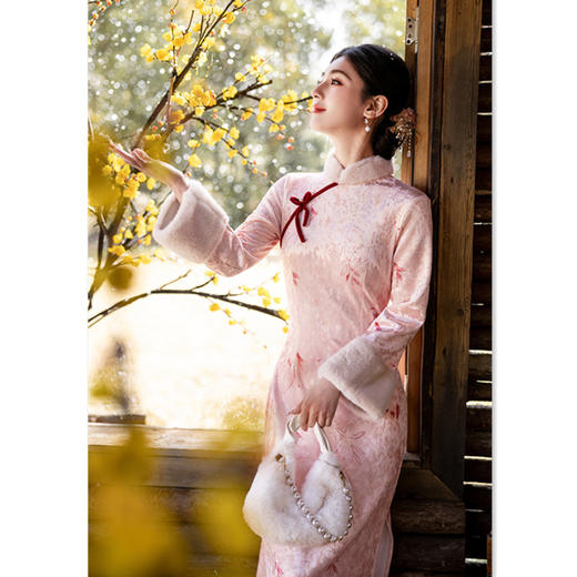 SKY 23090丝绒复合加绒长款倒大袖改良新中式日常旗袍 商品图1