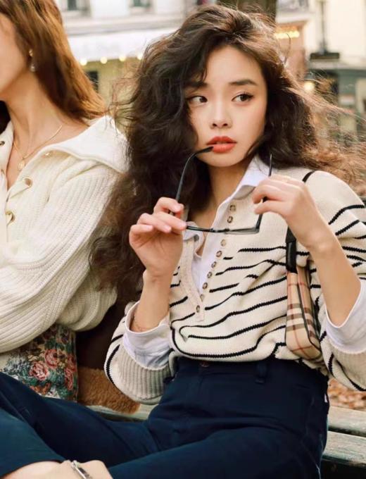 法式高知花边亨利领套头针织衫小灯笼袖羊毛针织毛衣 商品图5