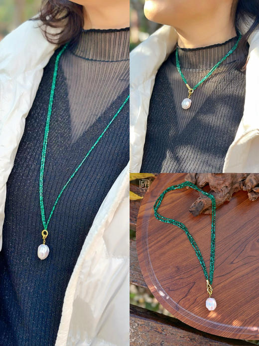 天然巴洛克珍珠 彩宝多用设计项链(南红/孔雀石/黑尖晶) 商品图8