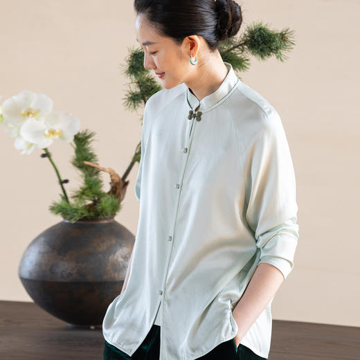 牧衣游原创 22姆米重磅净色真丝衬衫新款垂顺极简中式风衬衣 芸树 商品图0