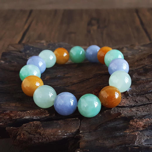 【天然正品】A货翡翠天然约13.3MM精品细腻糯种浓郁多彩翡翠圆珠手串17CM（弹力绳）中性 021225NJM13 商品图4