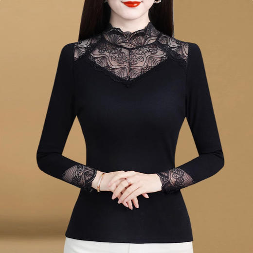 KQL A51N7320高领蕾丝打底衫洋气加绒加厚网纱上衣 商品图3