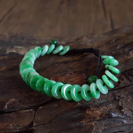 【天然正品】A货翡翠天然约9*2MM细腻无杂裂糯种飘阳绿算盘珠型翡翠手链16--20CM（抽绳可调节）中性 021225NJM22 商品图4